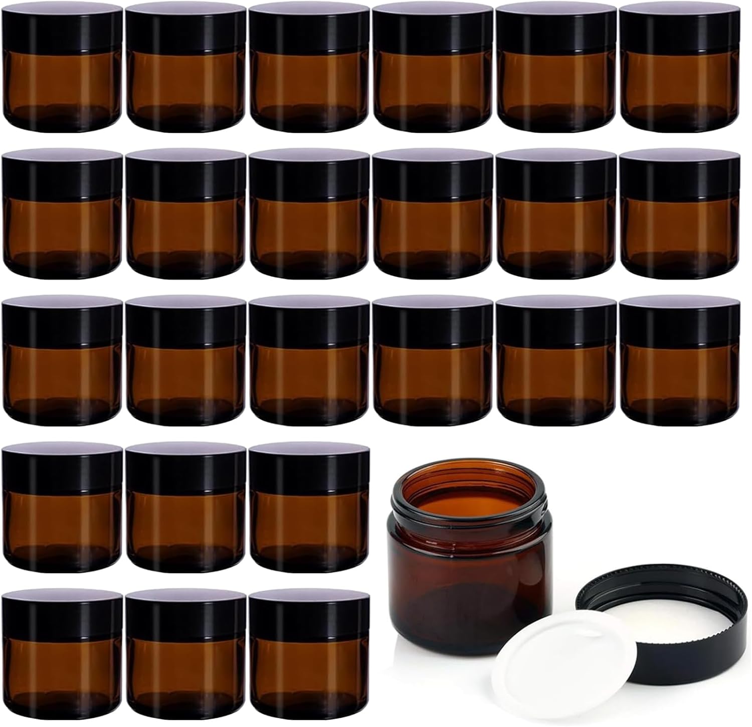 24 Pack 2 oz Round Amber Glass Cosmetic Jars with Inner Liners and Black Lids, Travel Jars, Refillable Containers for Makeup, Cream, Lotion, Sugar Scrubs, Eye Shadow, Slime, Paint, Jewelry