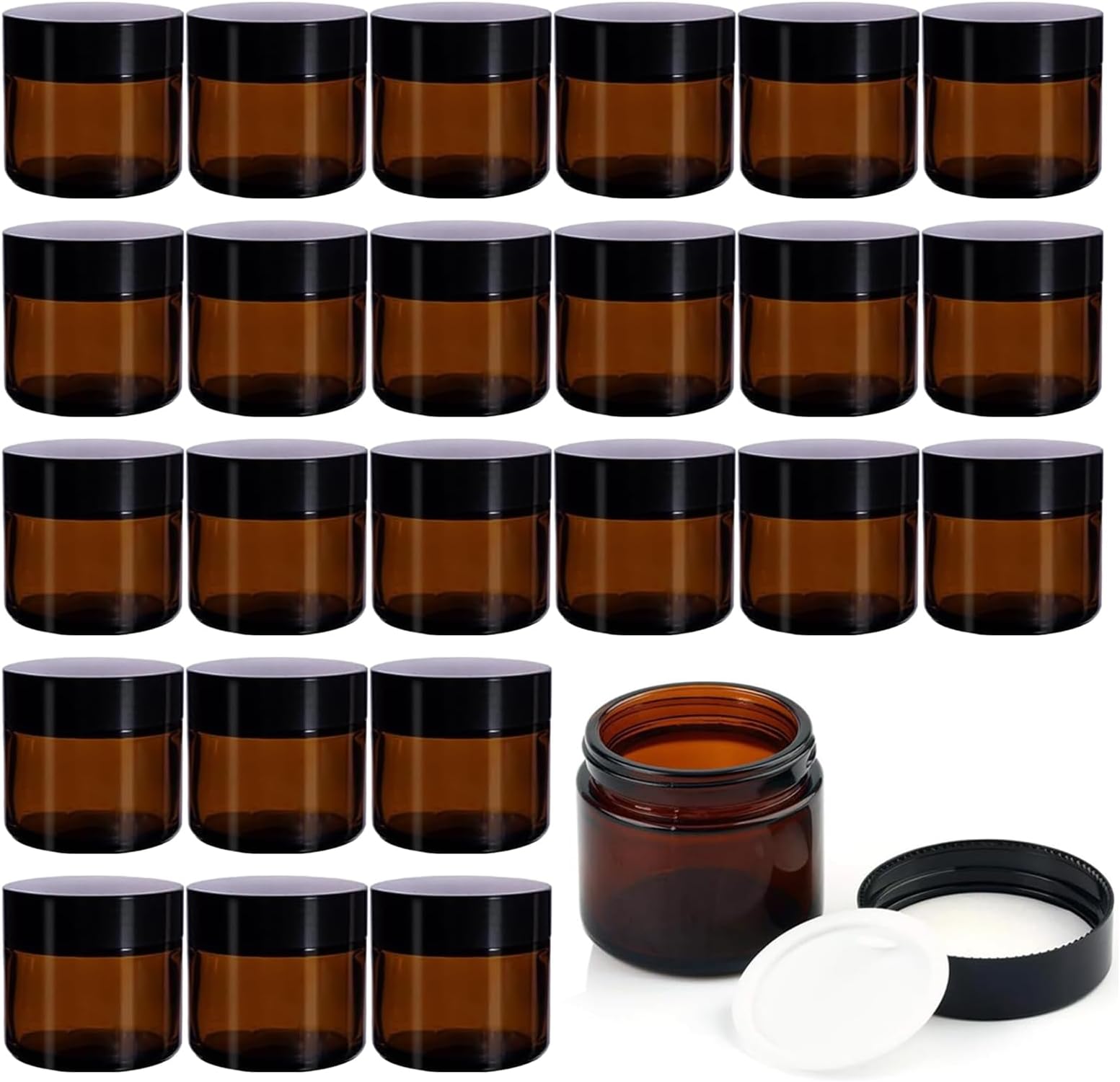 24 Pack 2 oz Round Amber Glass Cosmetic Jars with Inner Liners and Black Lids, Travel Jars, Refillable Containers for Makeup, Cream, Lotion, Sugar Scrubs, Eye Shadow, Slime, Paint, Jewelry