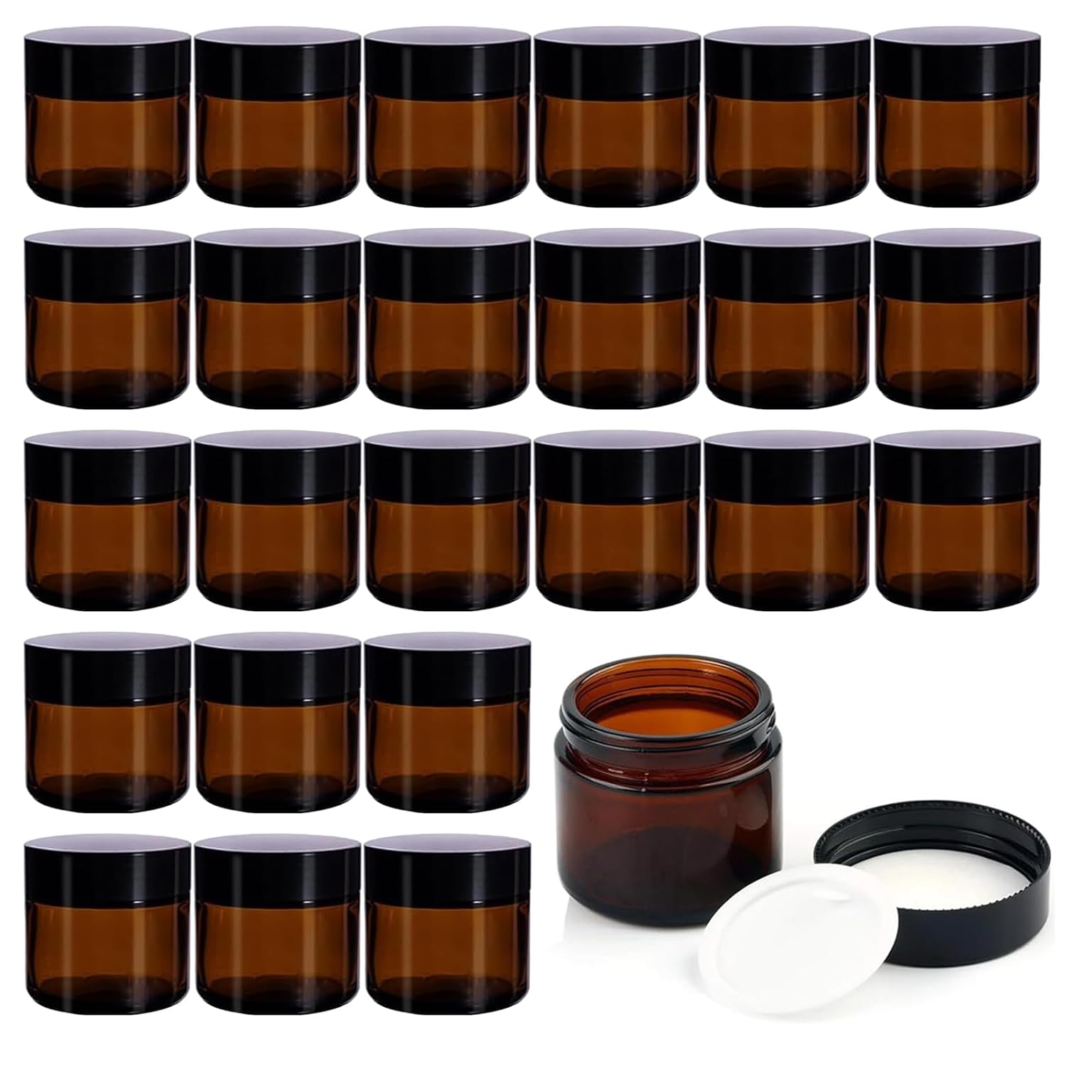 24 Pack 2 oz Amber Glass cosmetic Jars with Woodgrain Lids for Lotion