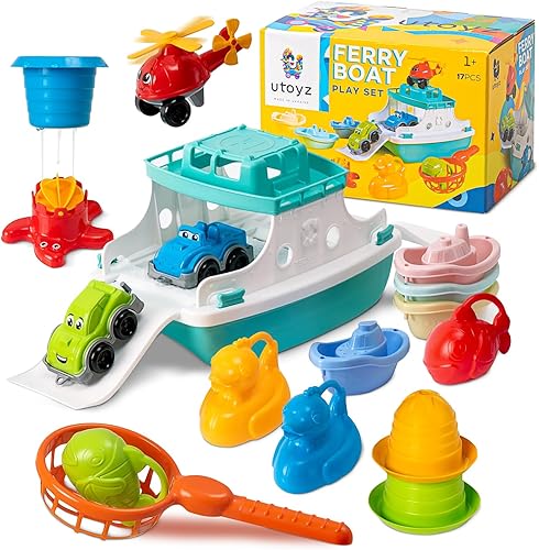 Juego de juguetes de ferry con helicóptero 2 autos Juguetes de baño para bebés con tazas apilables Juguete de agua para bebés con tren de barcos