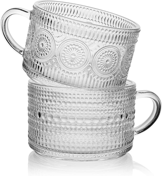 Vintage Coffee Mugs Set of 2, 14 oz Glass Coffee Cups Gift for Cappuccino, Latte, Coffee Bar Accessories, Overnight Oats Containers