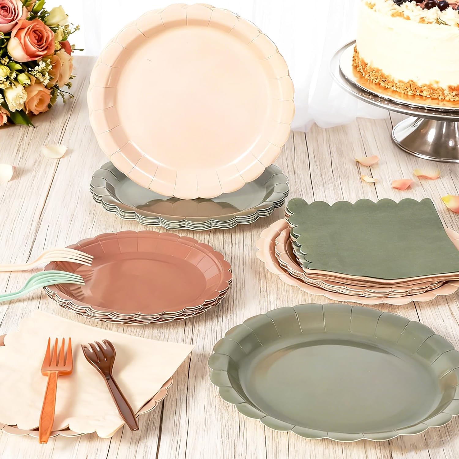 96pcs Woodland Baby Shower Decorations Brown Sage Green Plates and Napkins Woodland Party Scalloped Disposable Dinnerware Brown Sage Green Tableware for Wedding Forest Safari Animal Theme Supplies