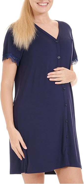 Herzmutter Zwangerschapsnachthemd - Knoopsluiting - Postpartum Geboortekleding - Zwangerschapsnachthemd met Borstvoedingsfunctie - korte mouwen met kant - 2850 (M, Donkerblauw