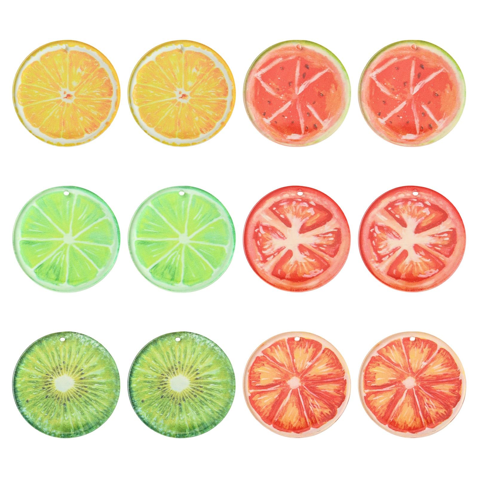 Stiesy Acrylic Fruit Pendants 18Pcs, 6 Colors Printed Lemon Kiwi Tomato Slices Charms Bulk for Jewelry Making, DIY Dangle Bracelet Supplies