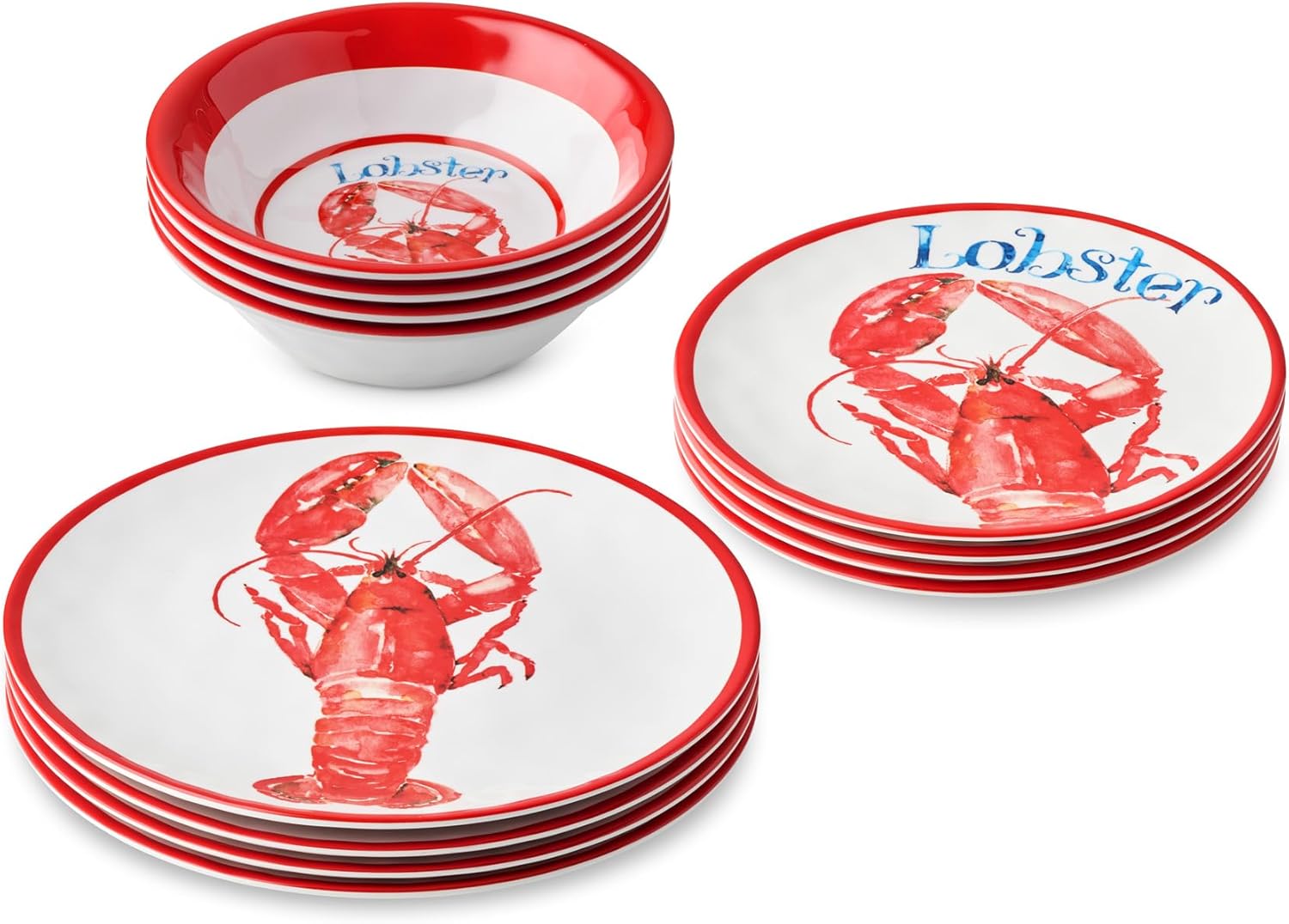 Beach House Lobster 12-Piece Melamine Dinnerware Set – Bold Coastal Charm, Service for 4, Durable, Lightweight, and Dishwasher-Safe