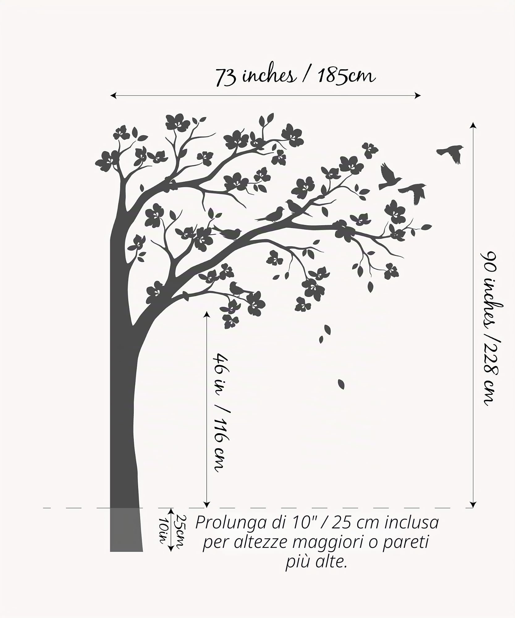 Adesivo murale albero grande con grandi fiori, uccelli e foglie per l'asilo nido, adesivo murale 087 (Rami a destra, Tutto in Nero)