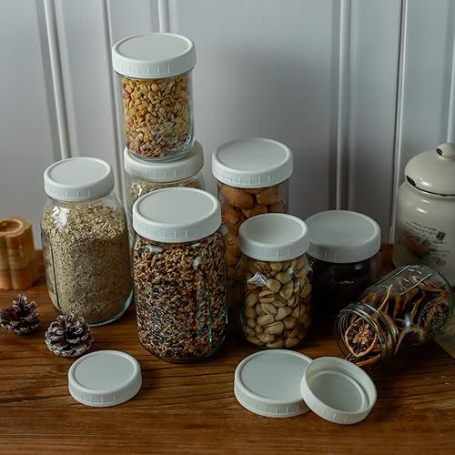 Miniatura 6 de Paquete de 18 tapas de plástico blanco para tarros Mason con anillos de silicona, 9 bocas anchas y 9 tapas de conservas de boca regular para Ball &