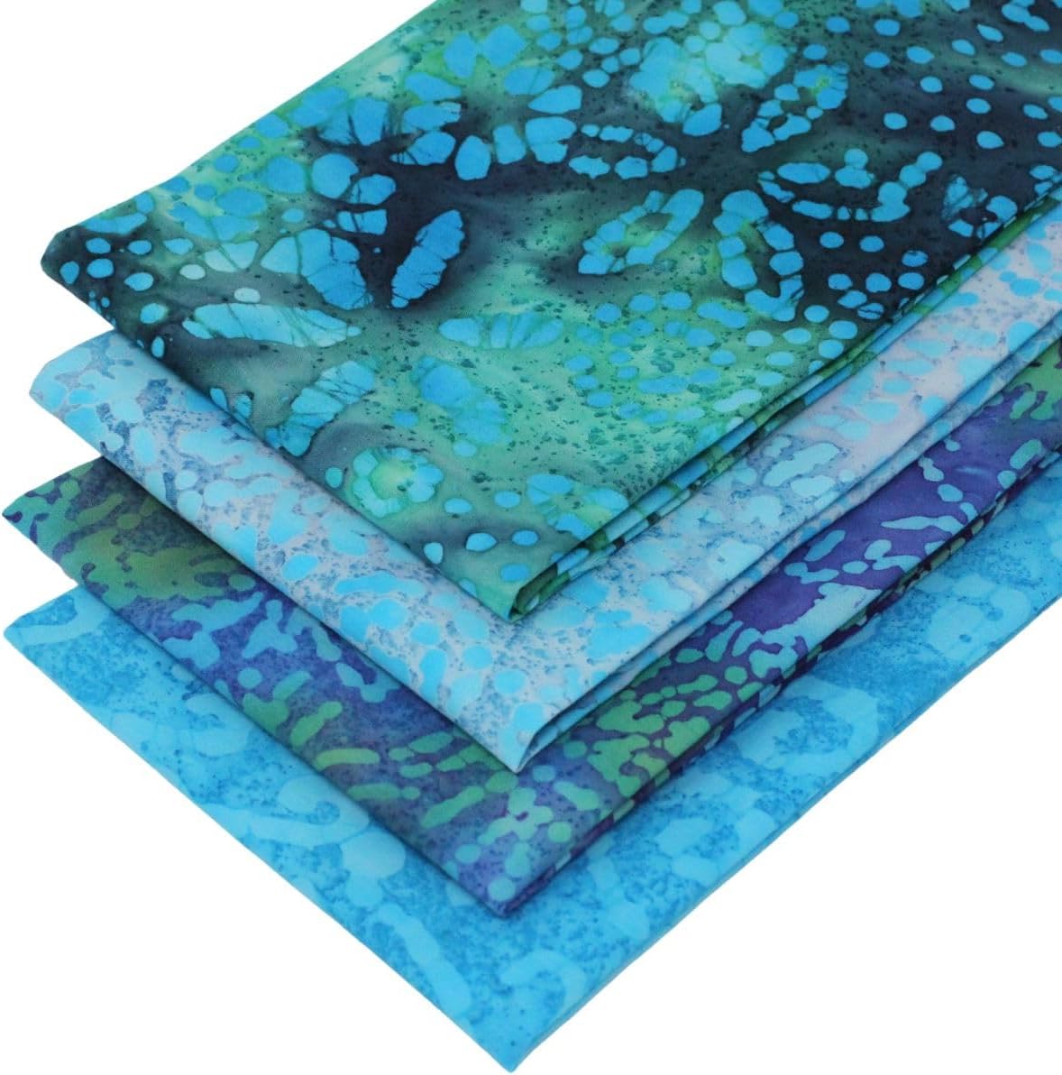 4 Fat Quarters Batik Bundle - 'Sea Breeze' Green & Blue Fabrics Featuring Blender, Crackle & Splash Designs. 100% Cotton Fabric. Ideal for Quilting and Craft Sewing (Includes Free Patchwork Pattern)