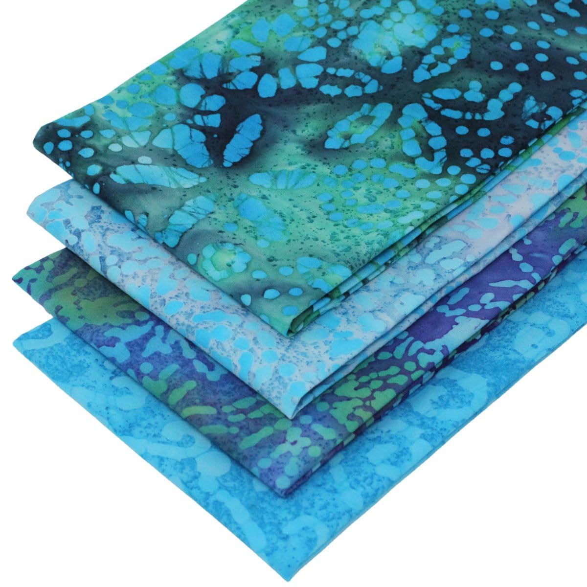 4 Fat Quarters Batik Bundle - 'Sea Breeze' Green & Blue Fabrics Featuring Blender, Crackle & Splash Designs. 100% Cotton Fabric. Ideal for Quilting and Craft Sewing (Includes Free Patchwork Pattern)