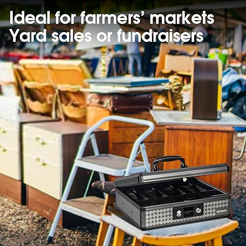 Miniatura 6 de Glosen Caja de efectivo con cerradura, caja de dinero con cerradura de llave y bandeja extraíble para monedas de 8.85 x 5.3 x 11.8 pulgadas (negro,