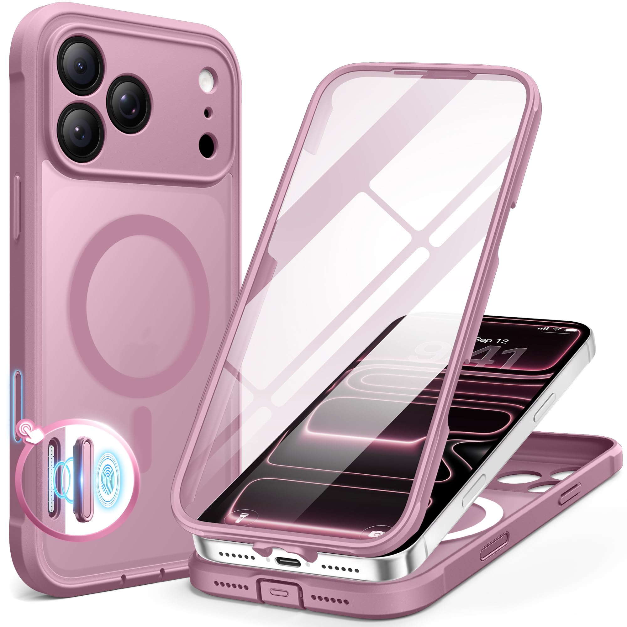 BERFY for iPhone 17 Pro Max Case, Compatible with MagSafe, Built-in Glass Screen Protector, Camera Protection, Shockproof Full Body Phone case 6.9", Translucent Palevioletred