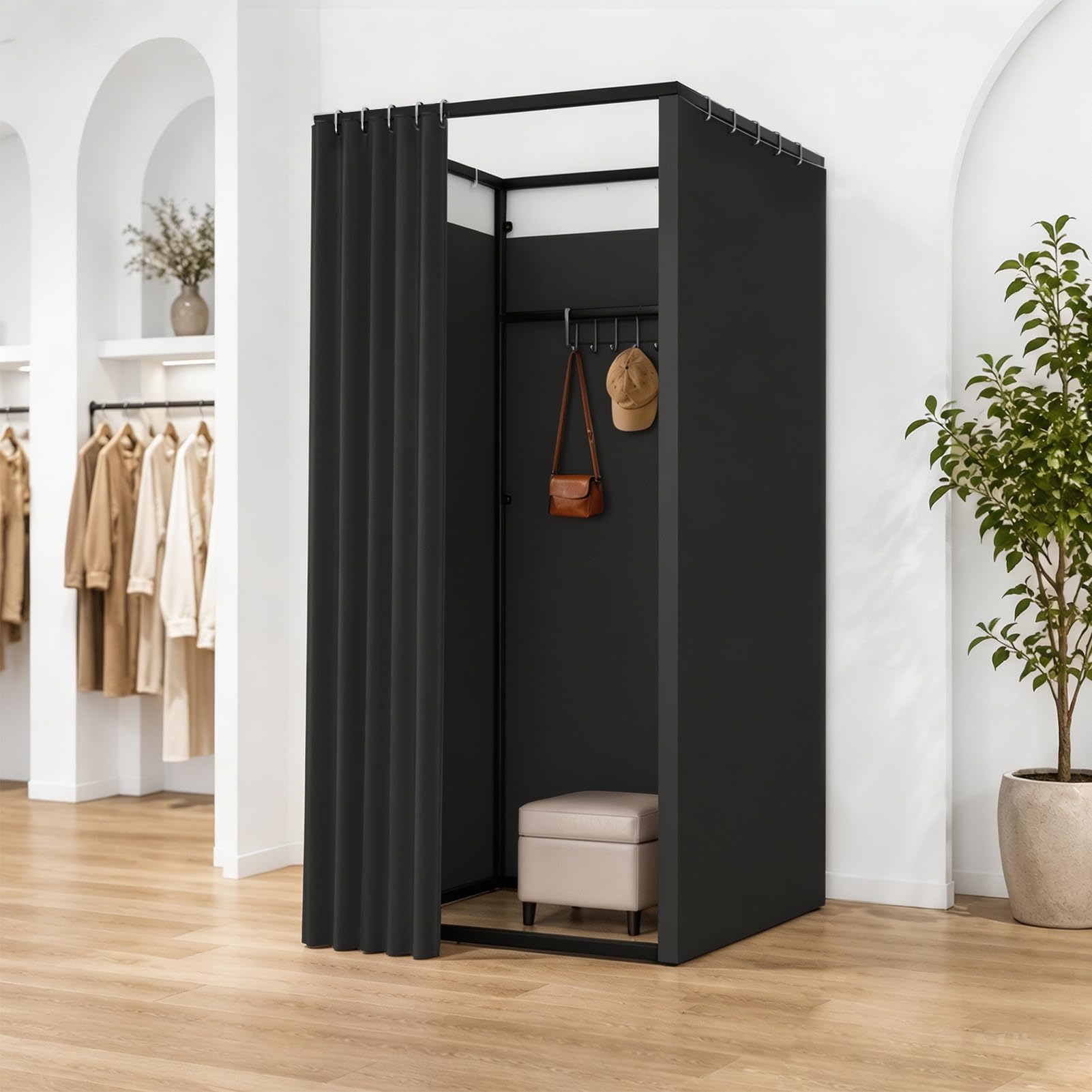 Vestuario Portátil Probador, Cuadrado Vestuario Independiente, Negro | 100x100x200cm, Piso Tienda de Ropa Cortinas de privacidad para oficina Vestidor, Centro comercial
