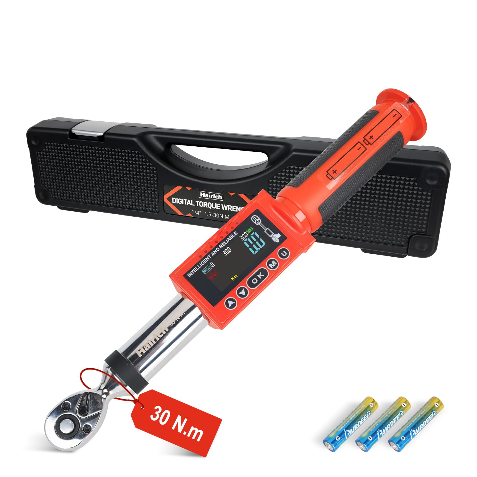 Hairich Llave dinamométrica digital de 1/4 pulgadas, 1,5 – 30 Nm, ± 2% de precisión, con pantalla a color, pitido y advertencia LED, herramienta de torsión precisa para motocicleta, bicicleta y