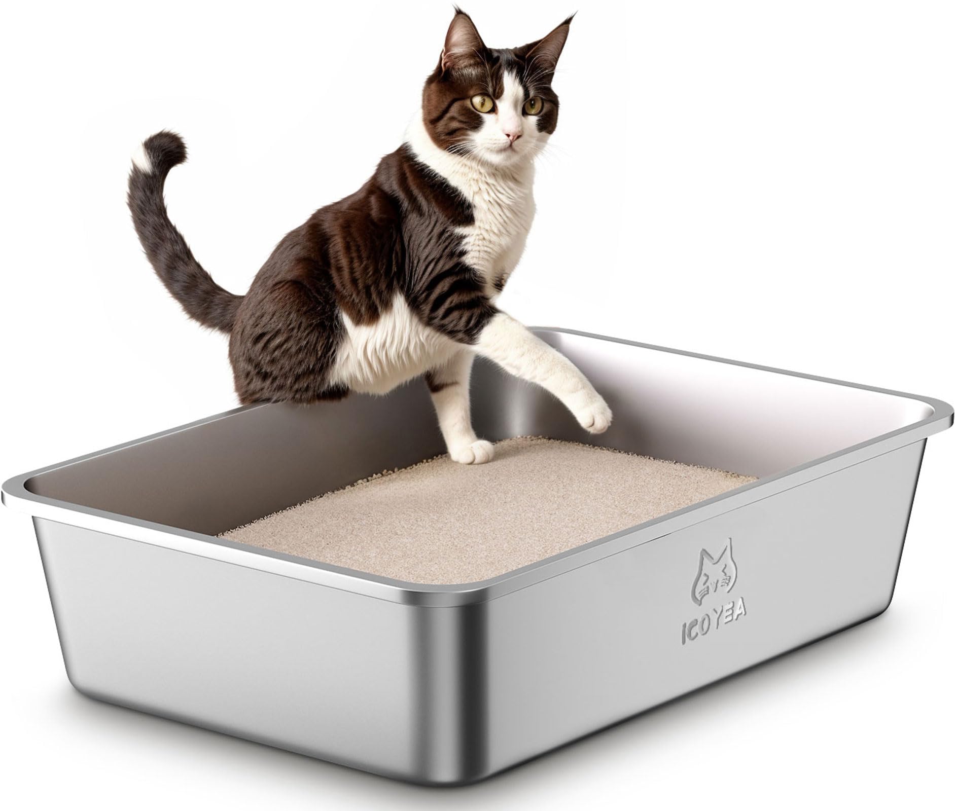 Arenero Gato Acero Inoxidable, Caja de Arena Grande para Gatos, Gatitos y Conejos, Arenero Alto XXL para Gatos, Antiadherente, sin olores y fácil de Limpiar, 60 x 40 x 15cm Global Recycled Standard Global Recycled Standard Global Recycled Standard