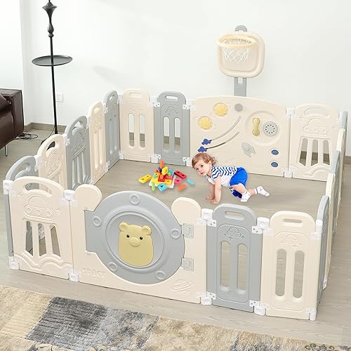 Corralito para bebés con aro de baloncesto ajustable, panel de juegos, cerradura, patio de juegos plegable para niños pequeños, valla de seguridad