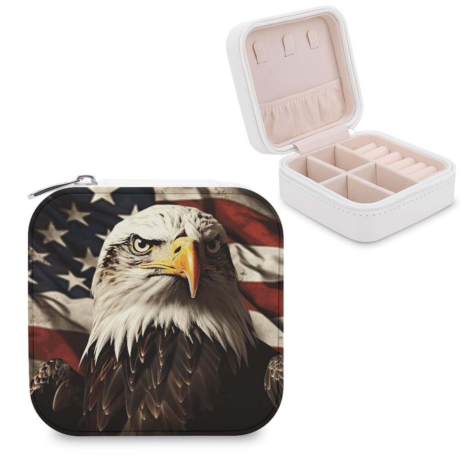 Bald Eagle Flag Veterans Jewelry Box Beautiful Portable Ring Boxes Cute Large-Capacity Jewelry Case Jewelry Organizer for Mothers Gifts for Earrings Rings Hand Bracelet