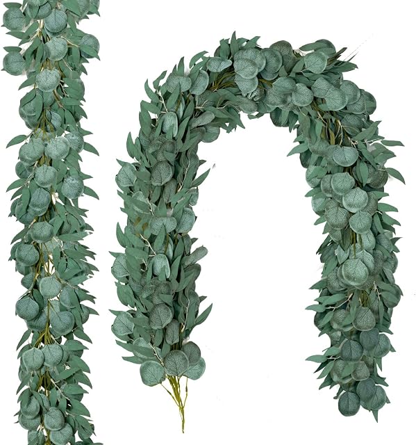 JUSTOYOU 2pcs Artificial Eucalyptus Garlands Stem Leaves Branches,6.5 Feet Fake Eucalyptus Leaves Vines for Wedding Table Backdrop Arch Wall Decor Doorways Decoration Indoor Outdoor (2 PackGreen)