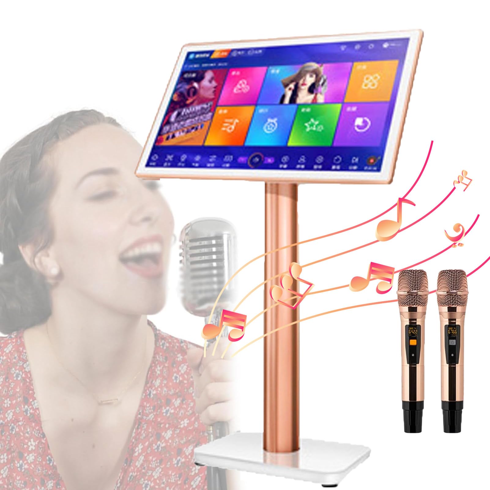 Macchina per Karaoke Intelligente, Touch Screen da 19,5 Pollici con visualizzazione dei Testi, Macchina per Karaoke Tutto in Uno con Microfono Wireless, Lettore Karaoke KTV, Bianco