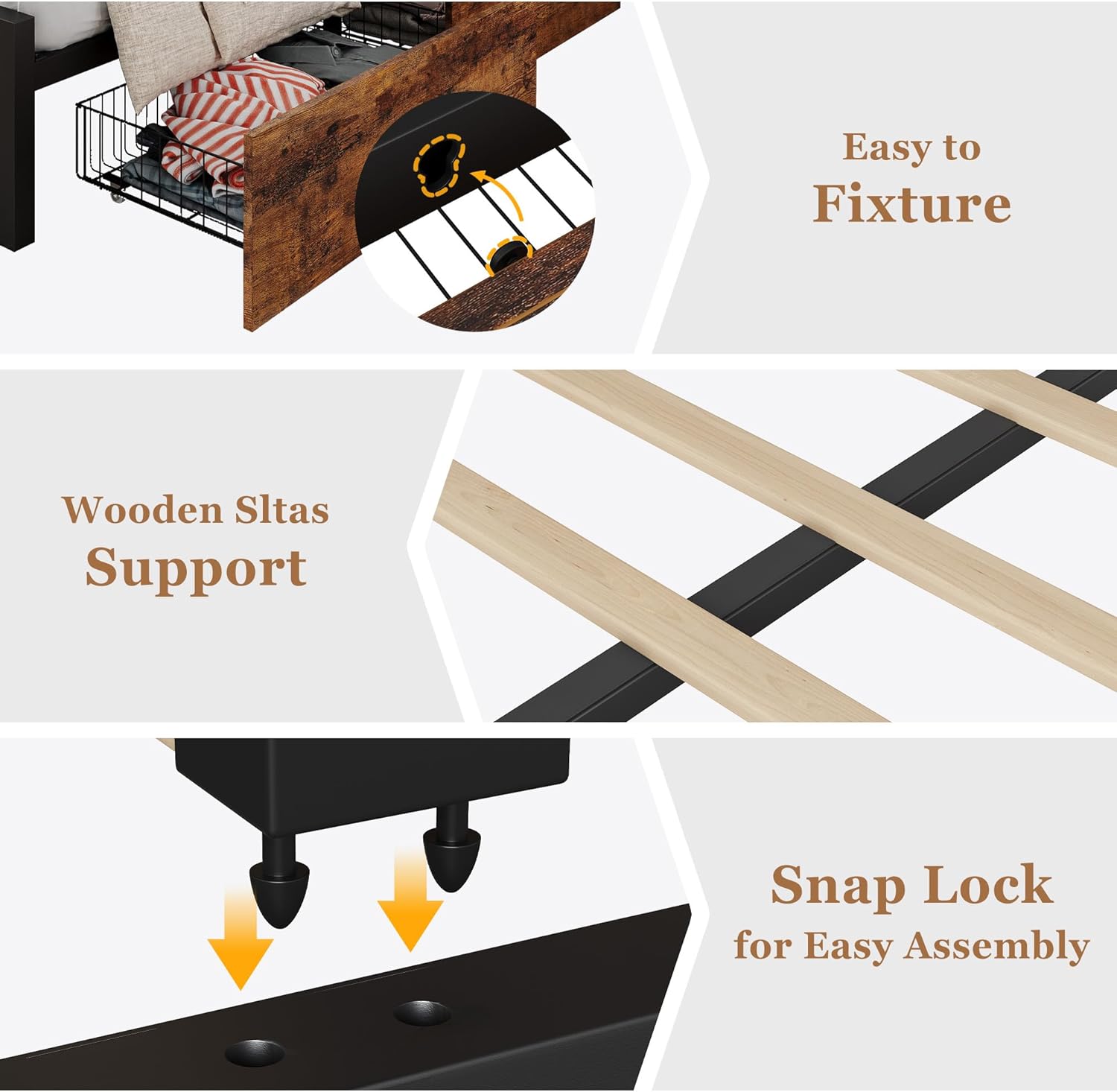 Full Size Bed Frame with 4 Drawers and Headboard, Rustic Vintage Wood and Metal Bed Frame with Large Storage Space, No Box Spring Needed, Noise Free