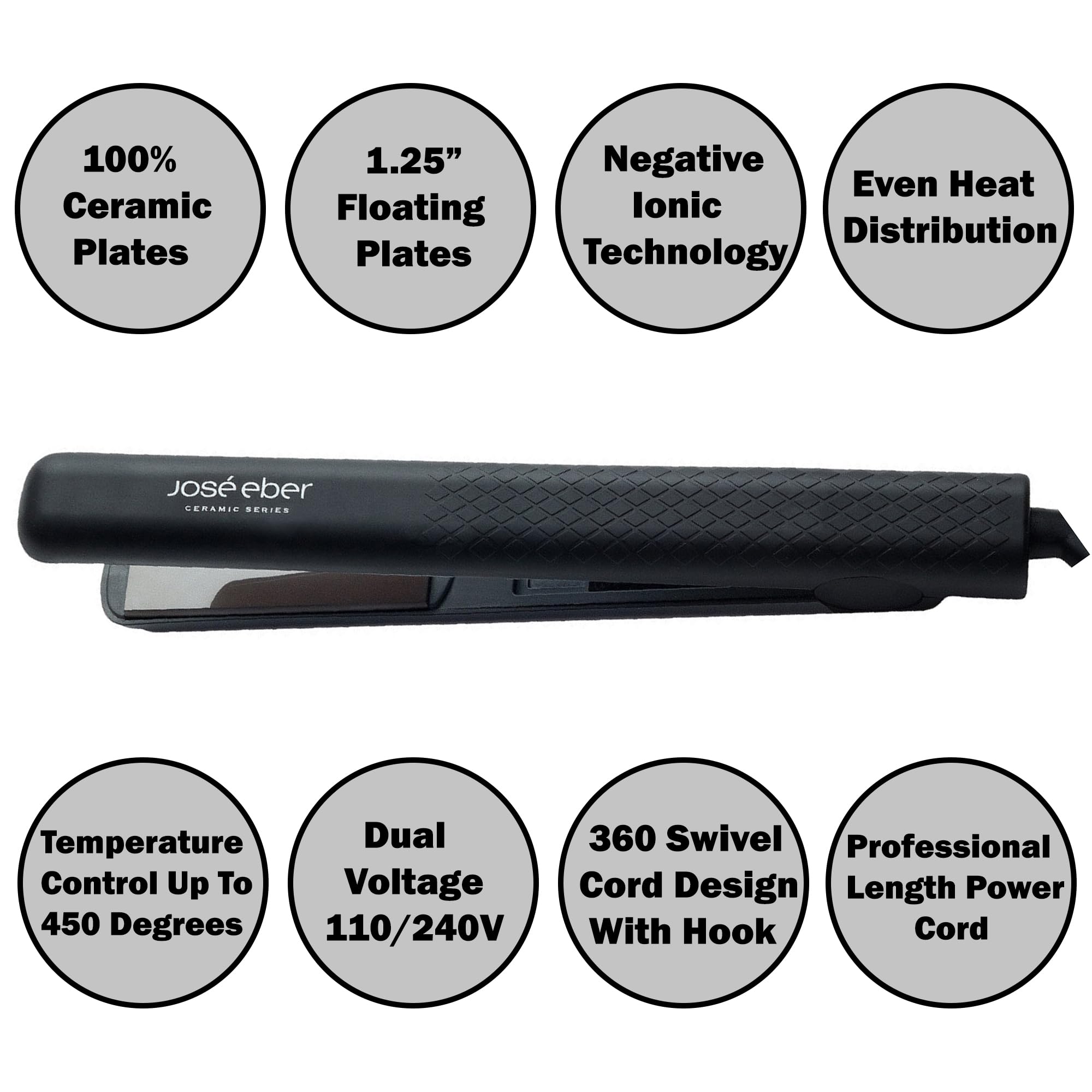 Jose Eber 1.25 Pure Ceramic Flat Iron - Professional Hair Straightener | Solid Floating Plates with Negative Ionic Technology Heats up to 450F 230C Swivel Cord for All Hair Types product thumbnail 4
