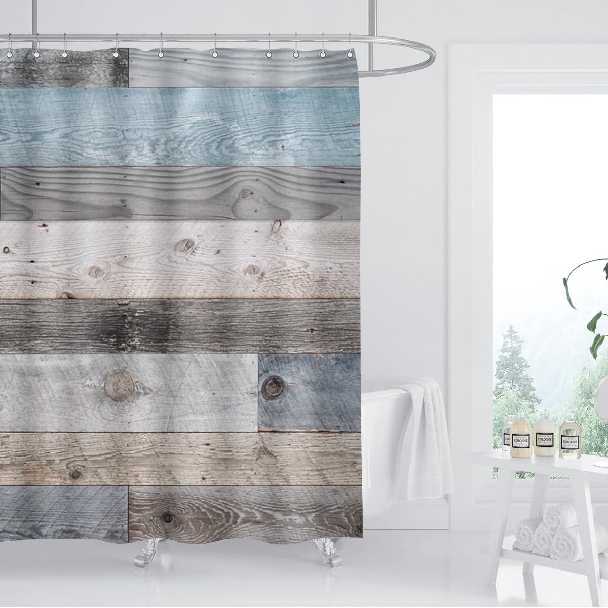 BIYSUC Rustic Wooden Board Shower Curtain Farmhouse Barn Door Blue Teal Floor Vintage Wood Waterproof Polyester Fabric Bathroom Decor Sets 72 x 72 Inches with 12pcs Plastic Hooks