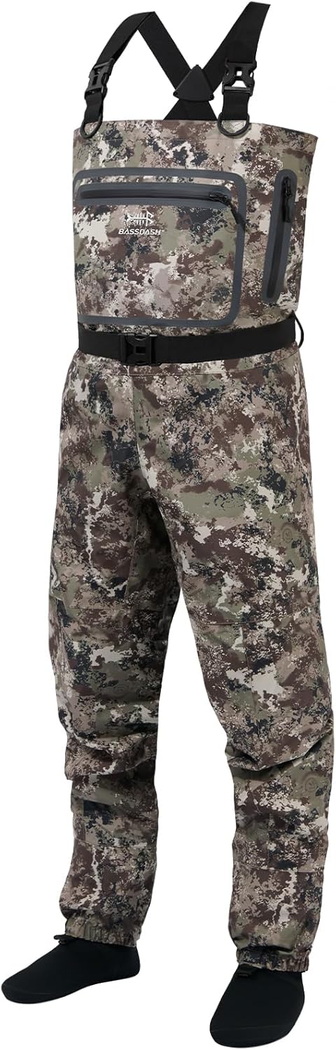 BASSDASH Men’s Lightweight Breathable Chest Wader Black Camo Stockingfoot for Fly Fishing Hunting FW11