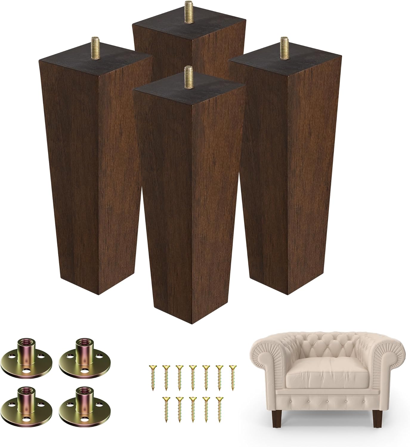 Yes4All 8 Inches Square Walnut Solid Wood Furniture Legs Set of 4, Heavy Duty 800 Lbs Capacity