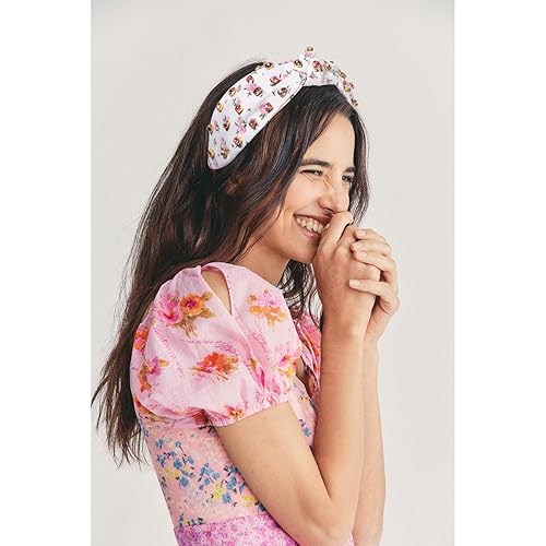 Miniatura 3 de Diademas anudadas con perlas para mujer, diademas de flores impresas con cuentas de cristal de diamantes de imitación adornadas con nudo superior,