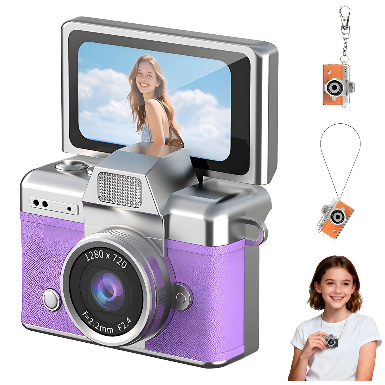 Mini Digital Camera with 1.47 in LCD Screen, 1080P Flip Screen Ultra-Compact Tiny Camera, Mini Keychain Camera, for Kids &amp; Adults, Collectible Gift for Travel, Birthdays &amp; Stocking Stuffers (Purple)