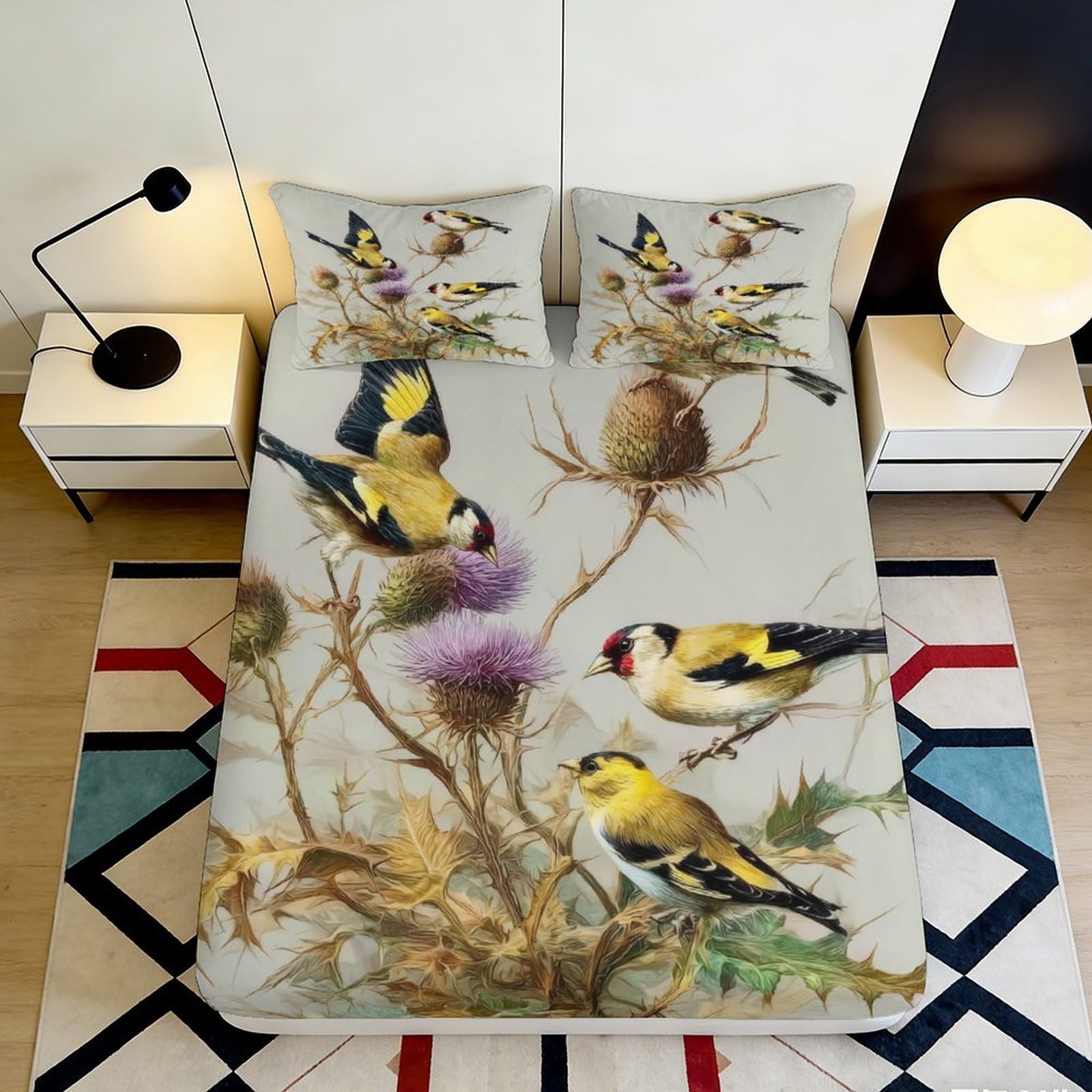 3D Printed Goldfinch Bird Thistle Fitted Sheet Microfiber Soft Mattress Cover for Bedroom Dorm Easy Care Decor 90x200x25cm