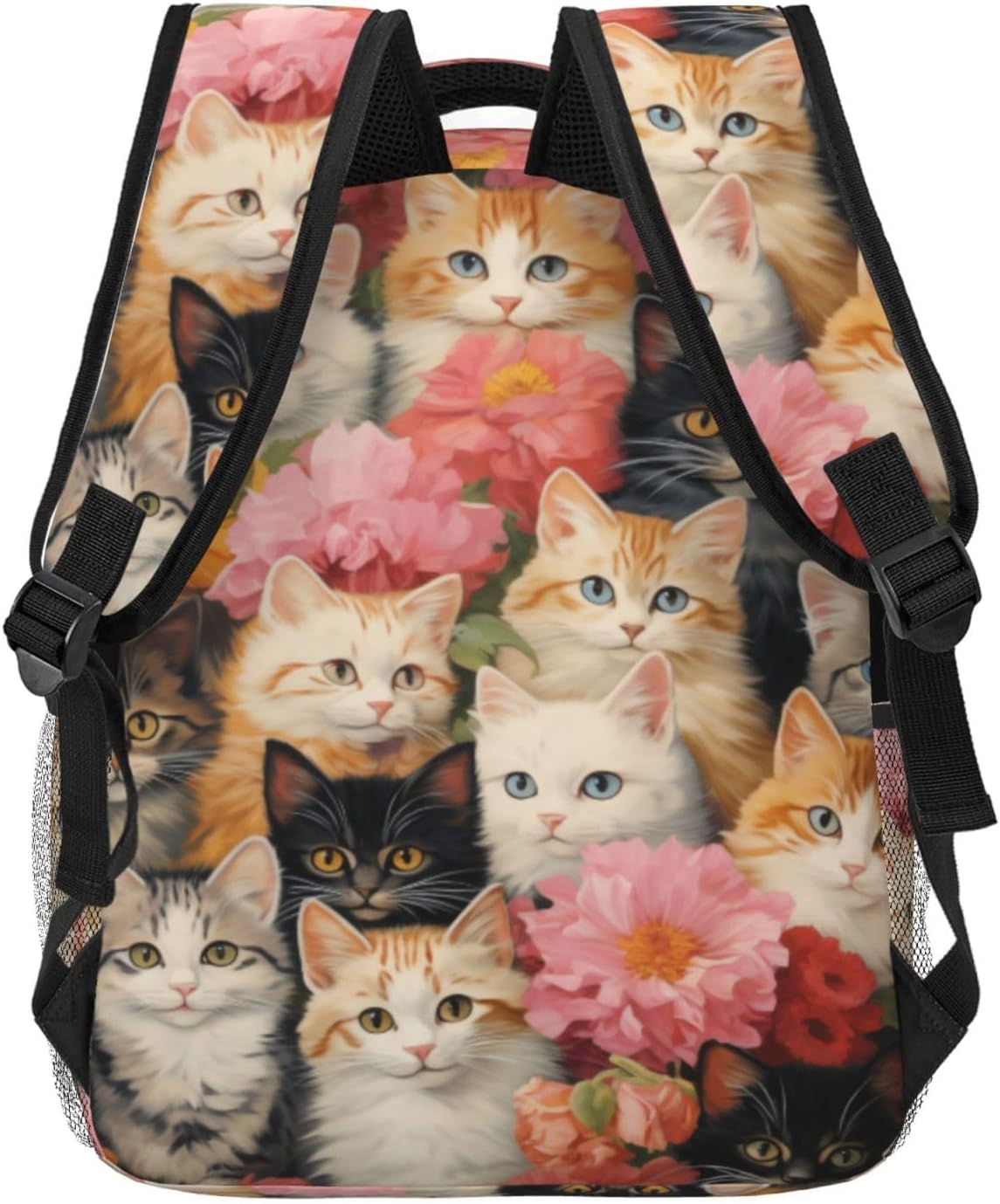 Floral Cat Backpack, Lightweight Backpacks for Travel Work School Sport, Vintage Cute Back Pack Gift for Women Girls, Kitten and Flower Laptop Books Casual Daypack, 11.4×5.9×15.7 Inch
