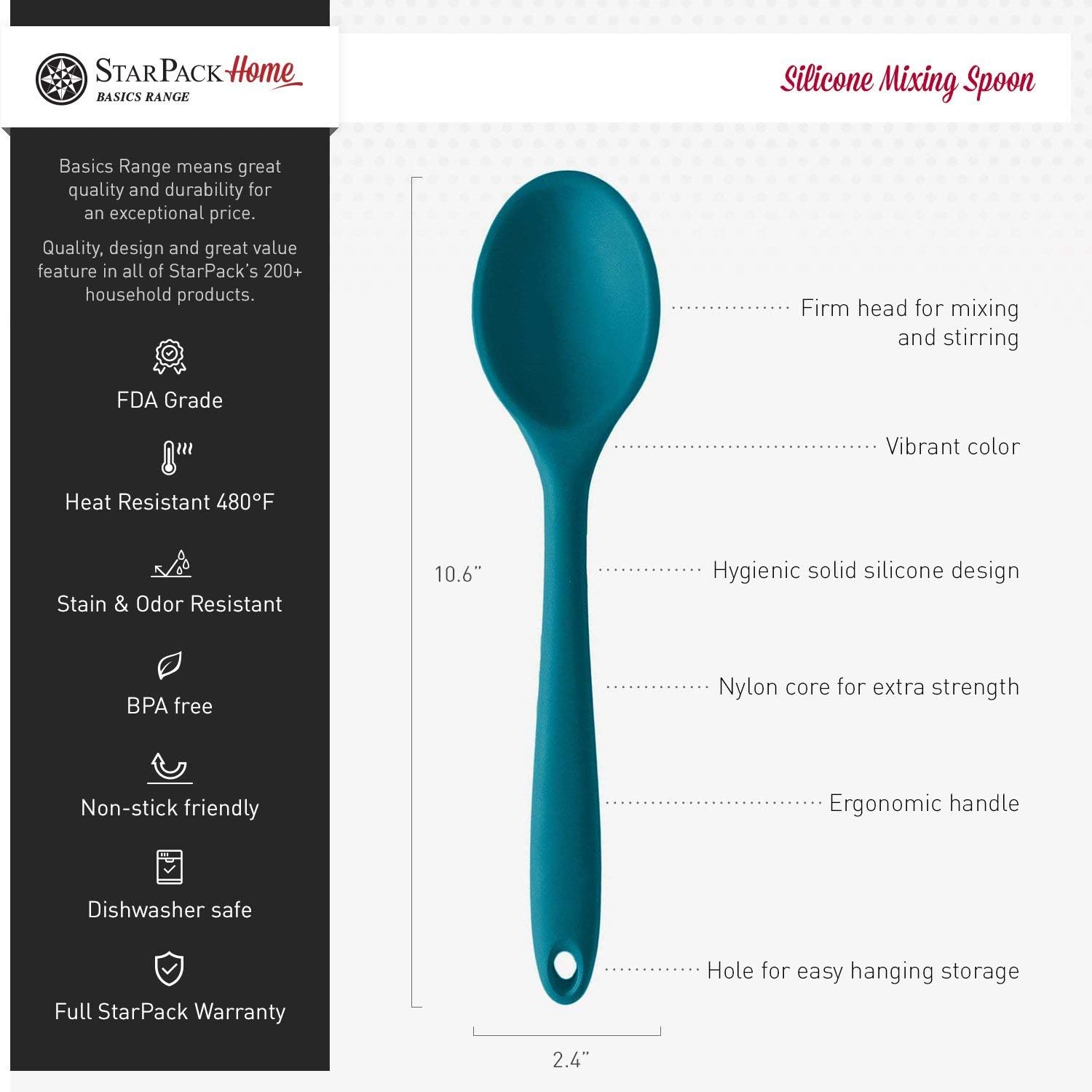 StarPack Basics Silicone Mixing Spoon, High Heat Resistant to 480°F, Hygienic One Piece Design Cooking Utensil for Mixing & Serving (Teal Blue): Home & Kitchen