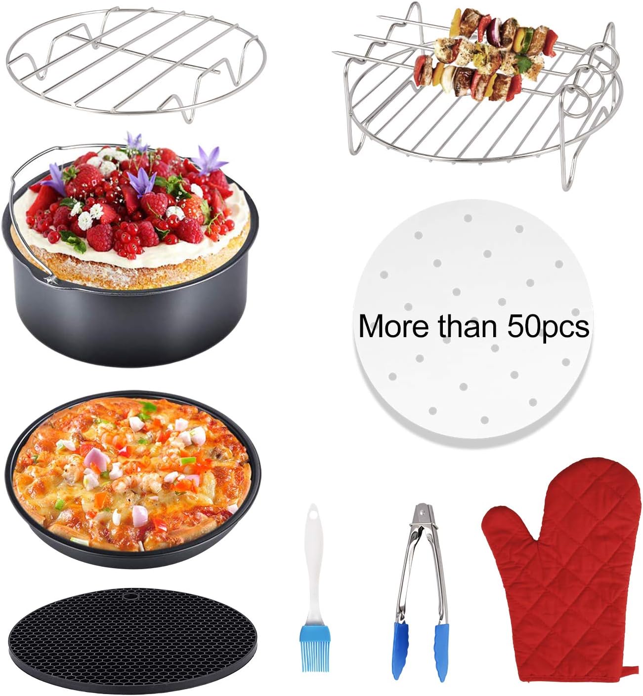 Air Fryer Accessories 9 Pcs for Gowise Phillips Cozyna Fits All 3.2QT - 5.8QT XL Air Fryer with 7 Inch Cake Barrel, Pizza Pan, Oven Mitts, Skewer Rack, Parchment Paper