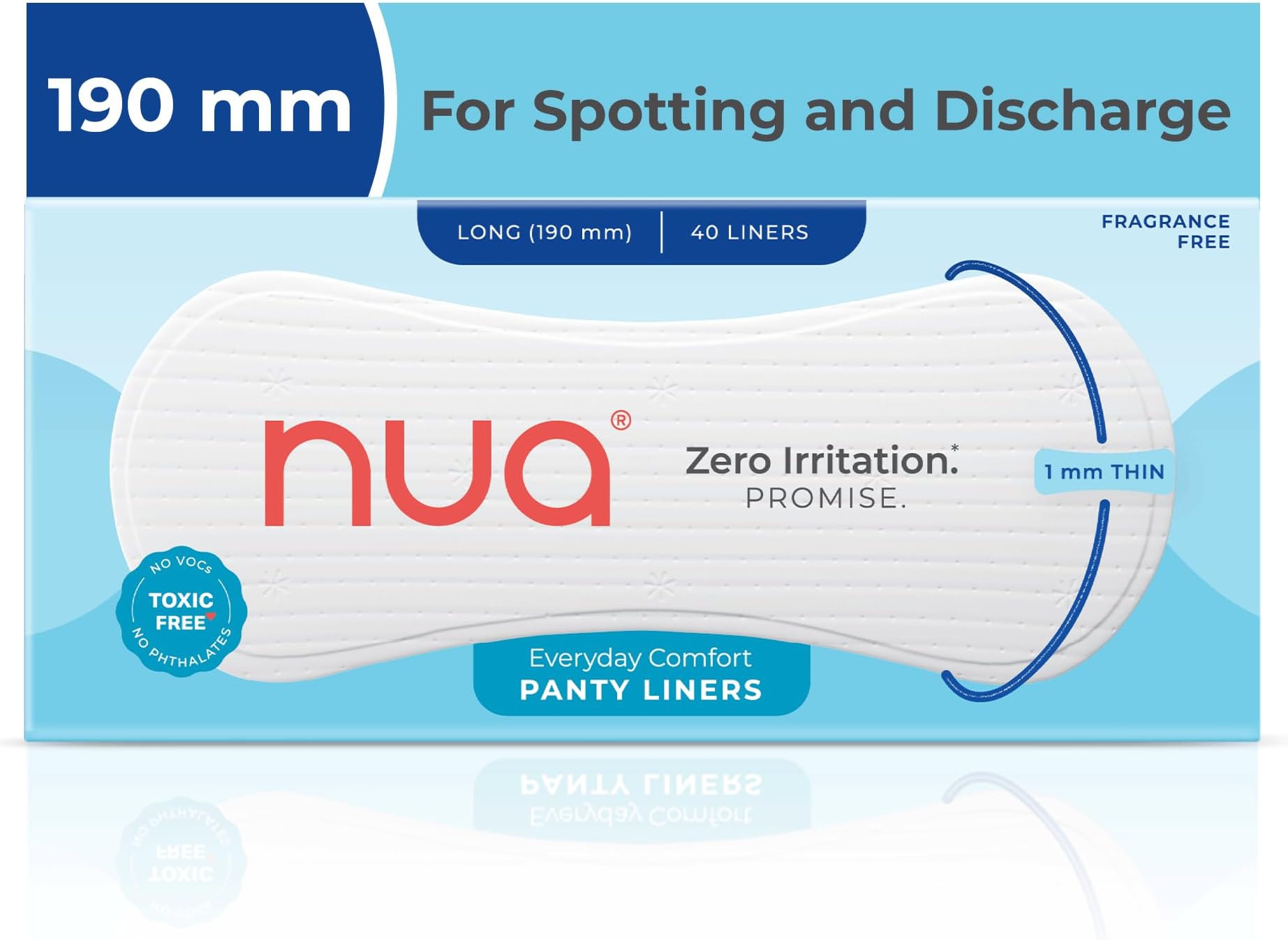 Nua Everyday Comfort Panty Liner for Women Daily Use | Pack of 40 liners 190mm | For White Discharge, Spotting & Non Period Leakages | Individually Wrapped | Zero Irritation | Super-thin | Stays in Place | Instant Absorption | Softest Top sheet | 100% Toxic-Free | Panty Liner Pads Sanitary Napkins