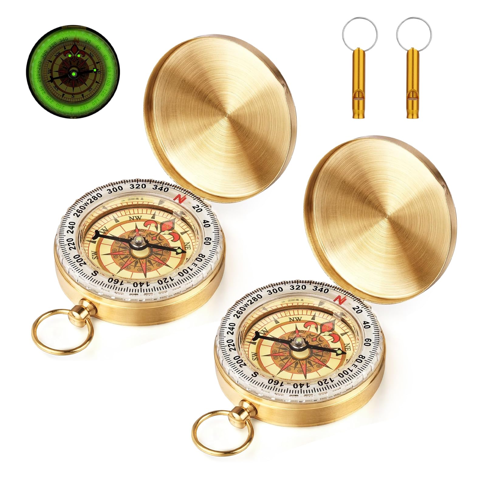 Flintronic 2PCS Navigation Compass, Vintage Clamshell Compass with Luminous Function, Waterproof Pocket Compass for Outdoor Camping Navigation, Orienteering and Survival