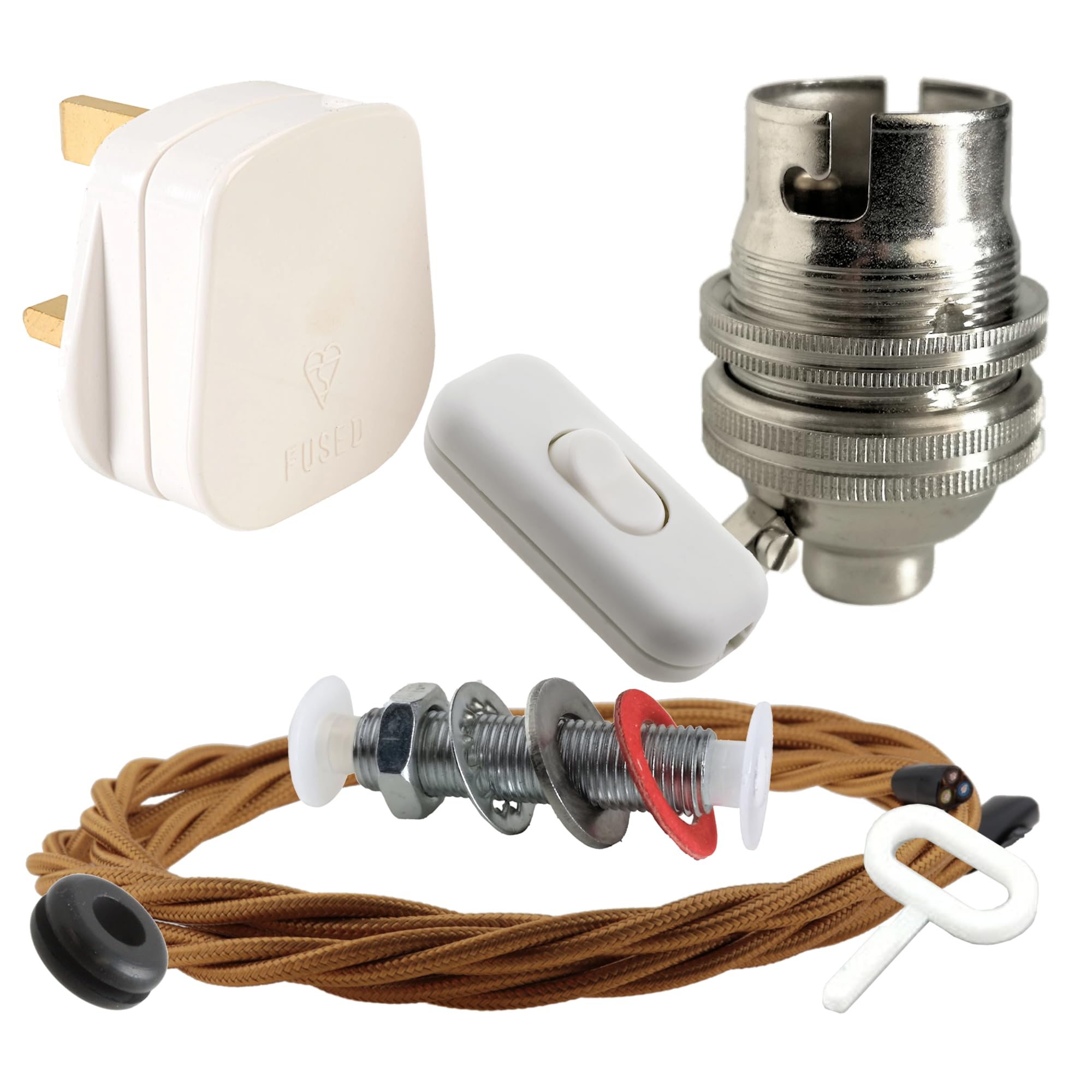 Art Deco Emporium Lamp Repair and Servicing Kit|White Plug|Antique Gold Flex|White Switch|B22 Chrome Finish Lamp Holder