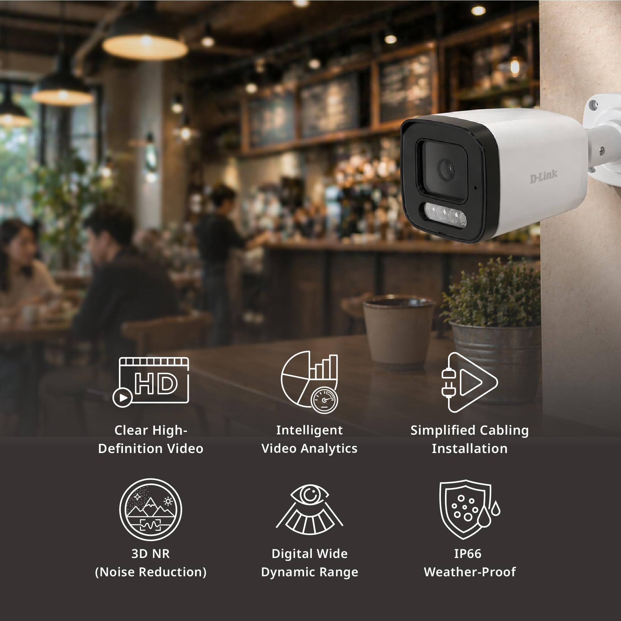 D-Link BCB-P01 2MP zewnętrzna kamera typu bullet, H.265 1080p IP CCTV kamera bezpieczeństwa z wykrywaniem człowieka, wbudowany mikrofon, inteligentny IR 30 m, microSD do 1 TB, IP66 odporna na warunki