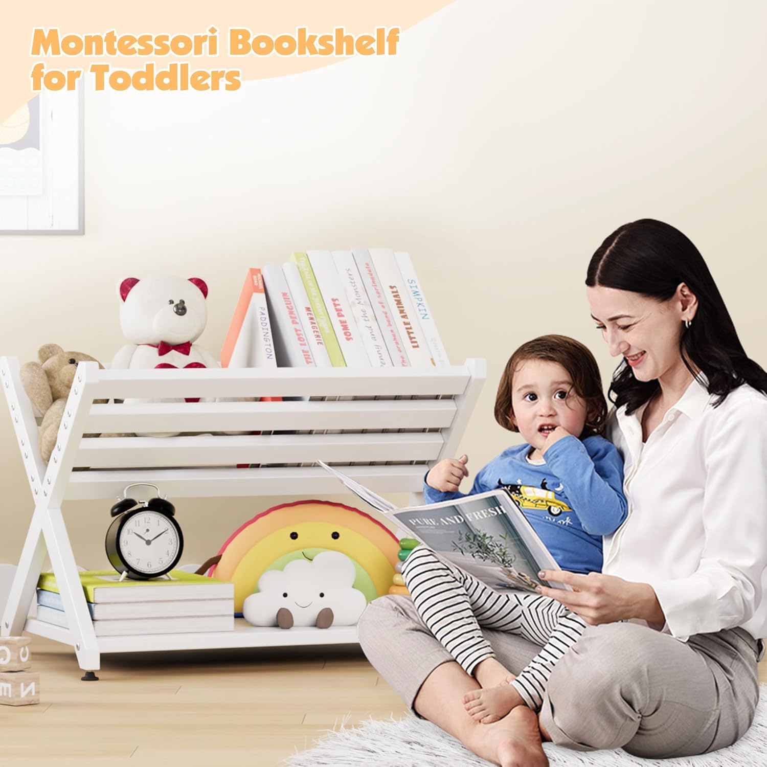 NACHES Book Caddy with Shelf Toy Storage Organizer Tilted Mini Nursery Book Rack Tabletop Desktop Holder for Toddlers, Bedroom, Playroom, Nursery, Sturdy(White X-Shape)