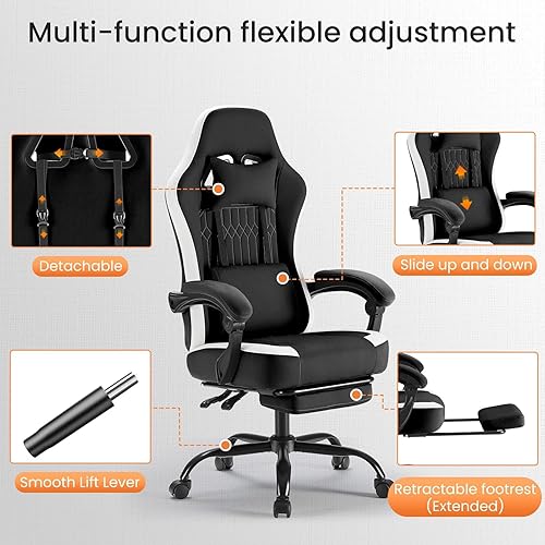 Miniatura 7 de edx Silla de juegos para computadora, silla de escritorio ergonómica de respaldo alto, altura ajustable con reposapiés, soporte lumbar,