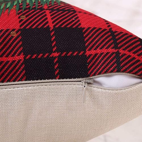 Miniatura 5 de Coeufuedy Juego de 4 fundas de almohada navideñas a cuadros de búfalo de 18 x 18 pulgadas, decoración de almohada de lino y algodón rojo beige para
