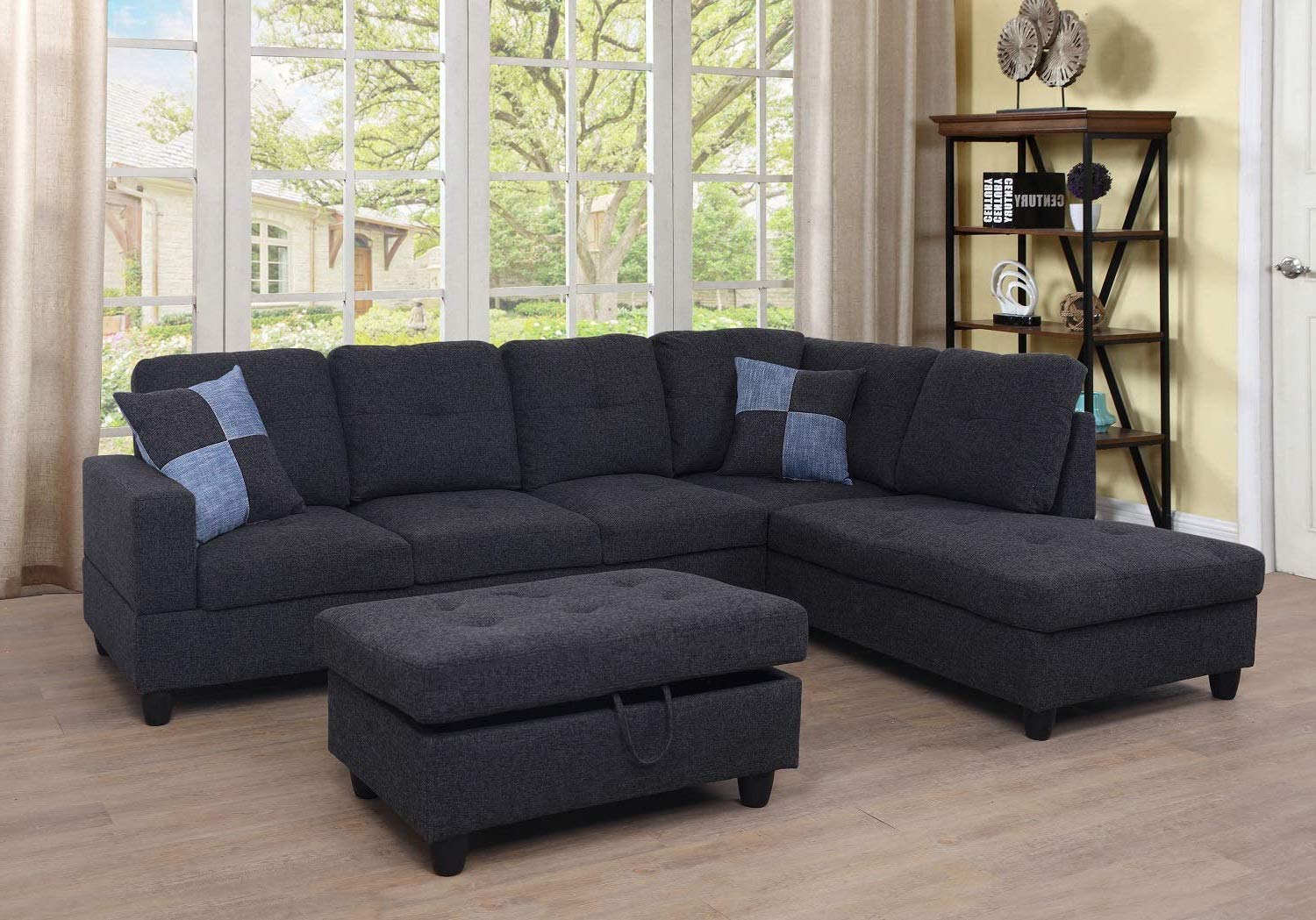 Ainehome Linen 3 Piece Sectional Sofa Couch Set, L-Shaped Modern Sofa with Chaise Storage Ottoman and Pillows for Living Room Furniture, Right Hand Facing Sectional Sofa Set Dark Grey