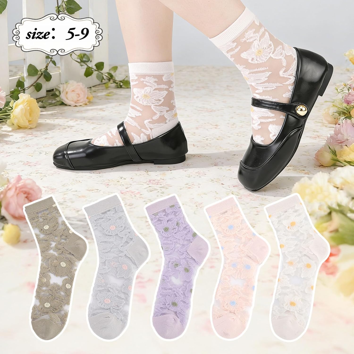 Vintage Flower Sheer Ankle Socks for Women Lace image 2