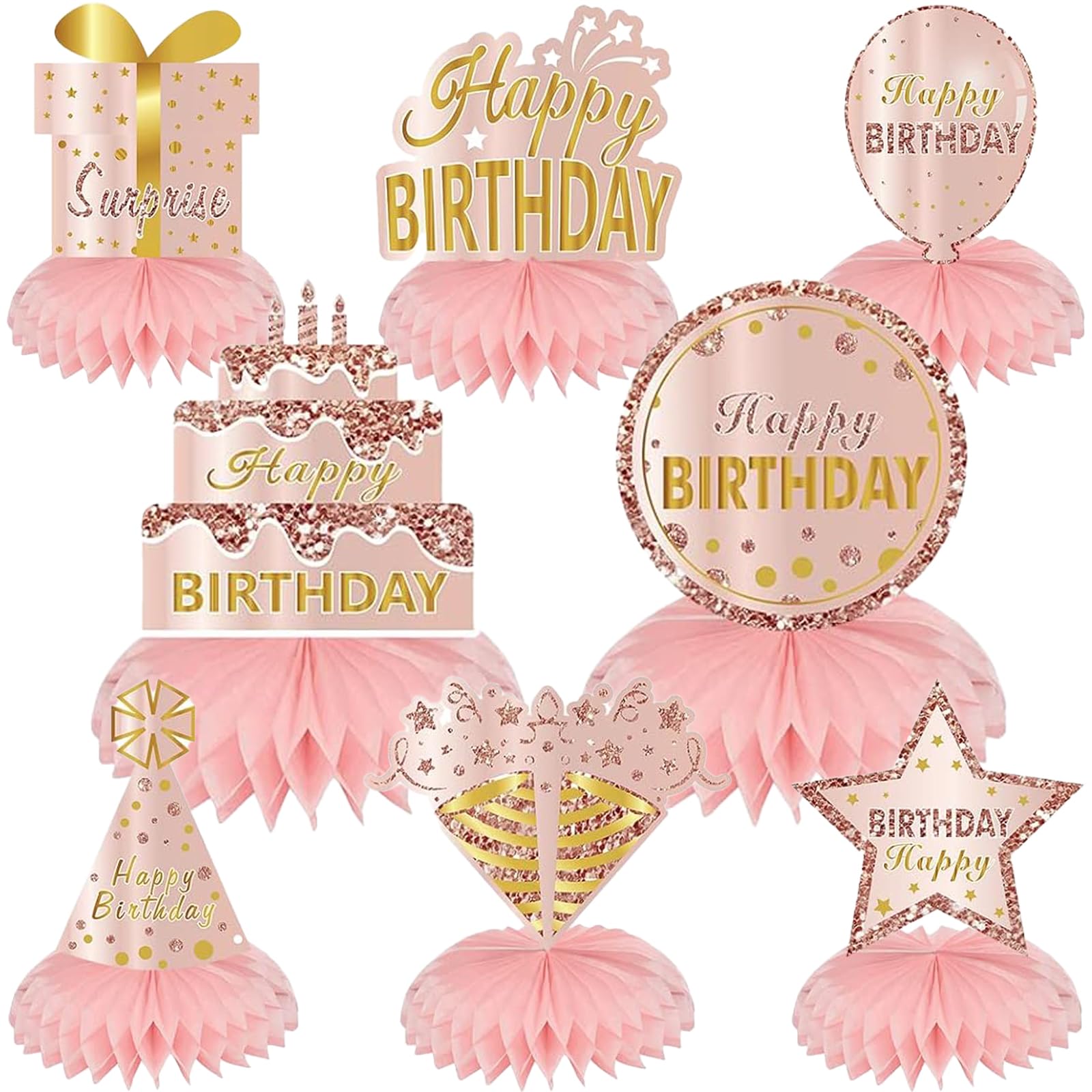 All Age Birthday Table Decorations, 8 Pcs Rose Gold Birthday Honeycomb Centerpieces, Cheers to All Years Party Centerpieces, Birthday Decorations for Women Girls Party Supplies Favors Celebration — image 1