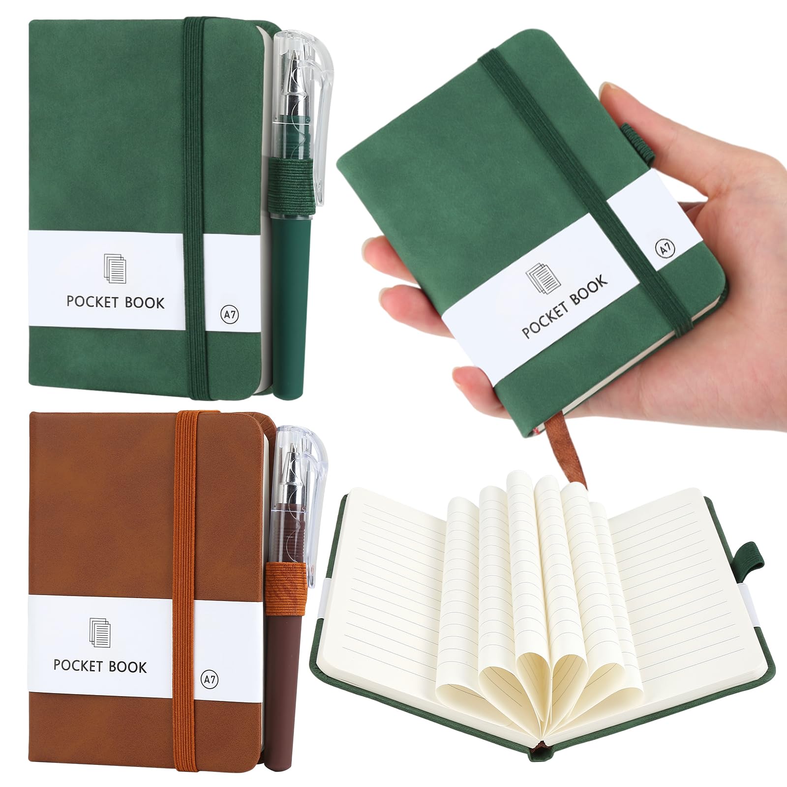 HOCUCHELAND 2 Pieces Pocket Notebook, Hardcover A7 Notebook with Pen and 200 Pages, Small Notebooks Pocket Size with Elastic Closure Band and Pen Holder, Mini Notepads for Travel Journal Work