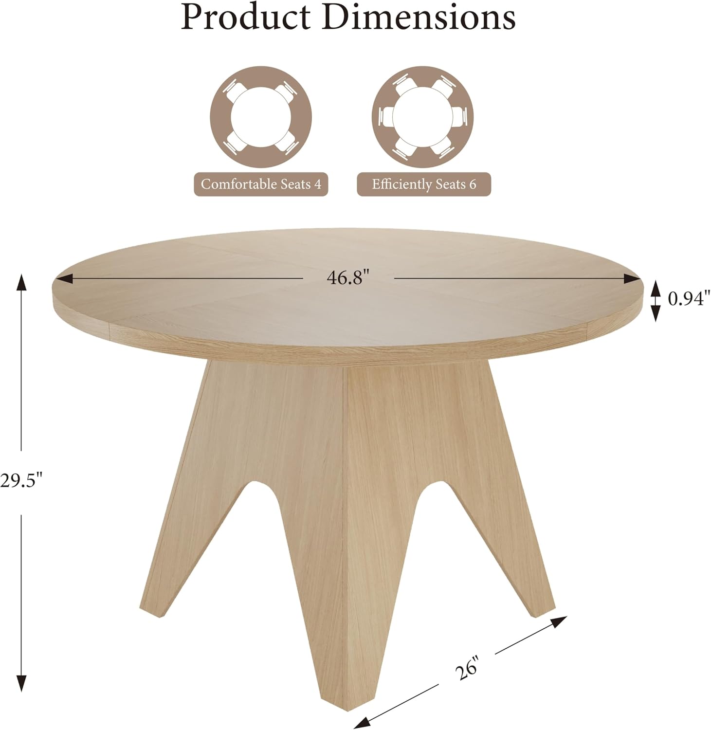 Round Dining Table for 4-6 People: Modern Kitchen Table with Inverted V Wooden Base, Stylish Design 47'' Dining Table for Kitchen, Dining Room, Living Room (Natural Oak)