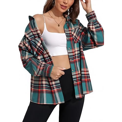 KevaMolly Plaid Flannel Shirts for Women Loose Fit Boyfriend Button Down Shirt Long Sleeve Casual Flannel Blouse Tops