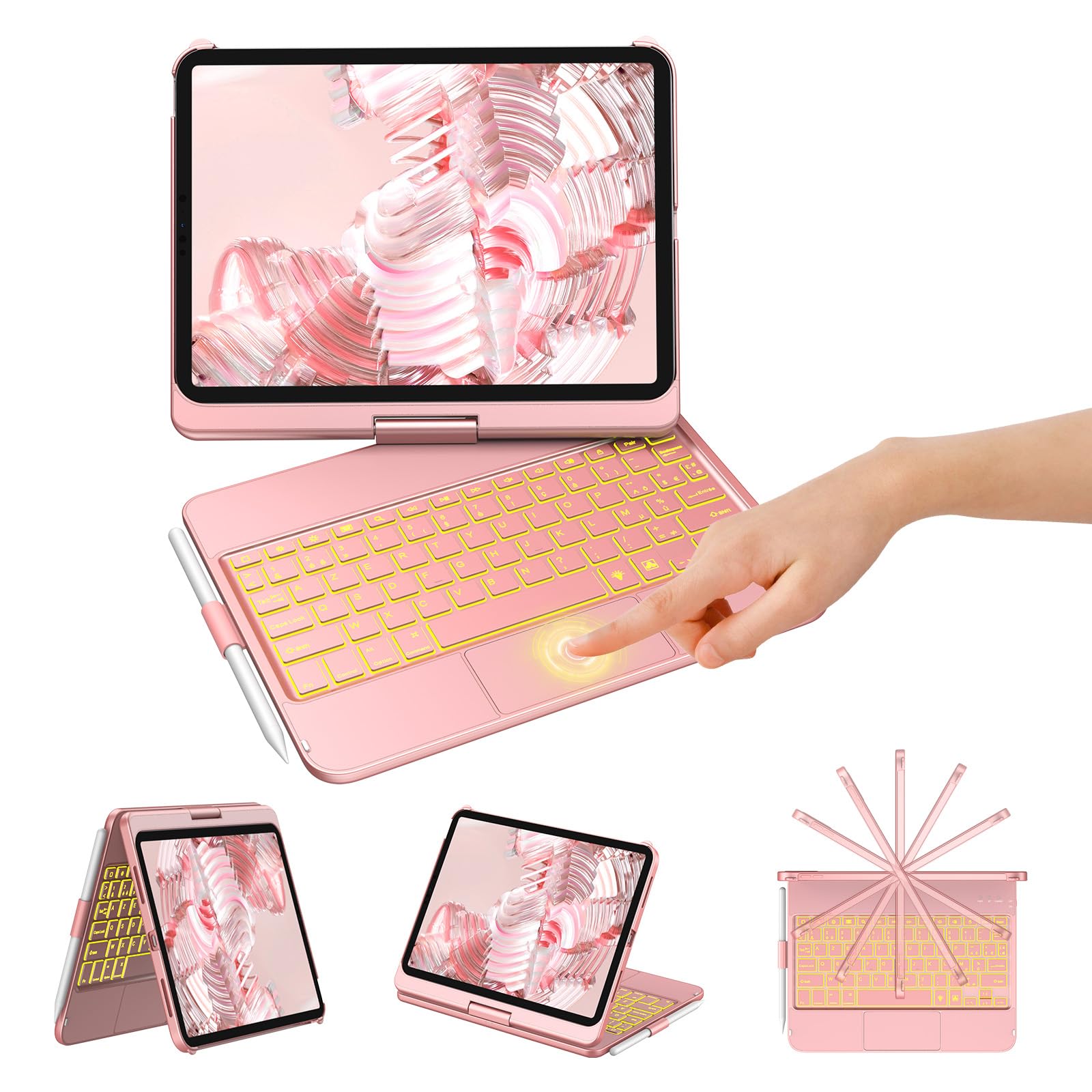 KBCASE Clavier pour iPad A16 11/10 Ème Generation avec Pavé Tactile (11 Pouces 2025/10.9 Pouces 2022), 360° Rotatif, 7 Couleurs Rétroéclairées avec Porte Crayon, AZERTY pour iPad 10eme/11eme, Or Rose