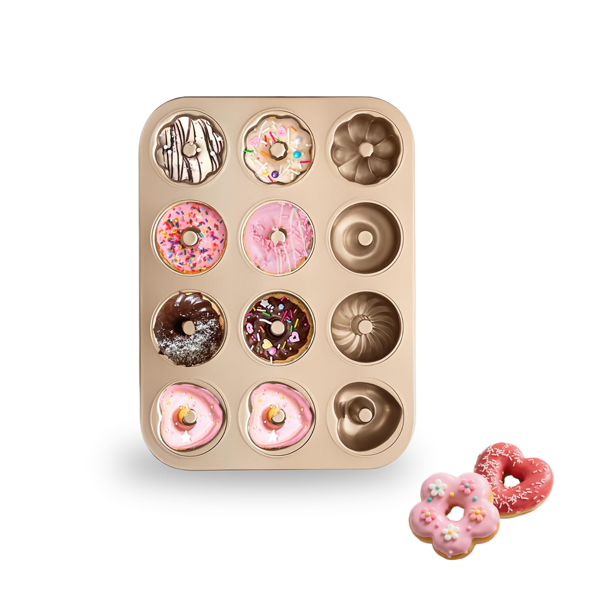JSJMOFA 12-Hole Doughnut Tin Non-Stick, Carbon Steel Mini Doughnut Baking Tray - 4 Unique Shapes (Ring, Flower, Spiral, Heart) - Versatile Baking Mould for Cakes, Bagels & Muffins (35 x 26.4 cm)