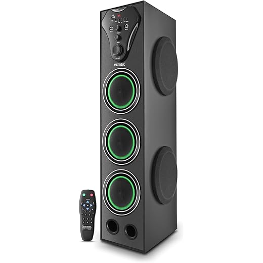 VEmax Hunk 150W Multimedia 5.0 Channel Wireless Bluetooth Double Woofer Tower Speaker with Double Karaoke MIC Support, USB, AUX, FM (BIS Certified)