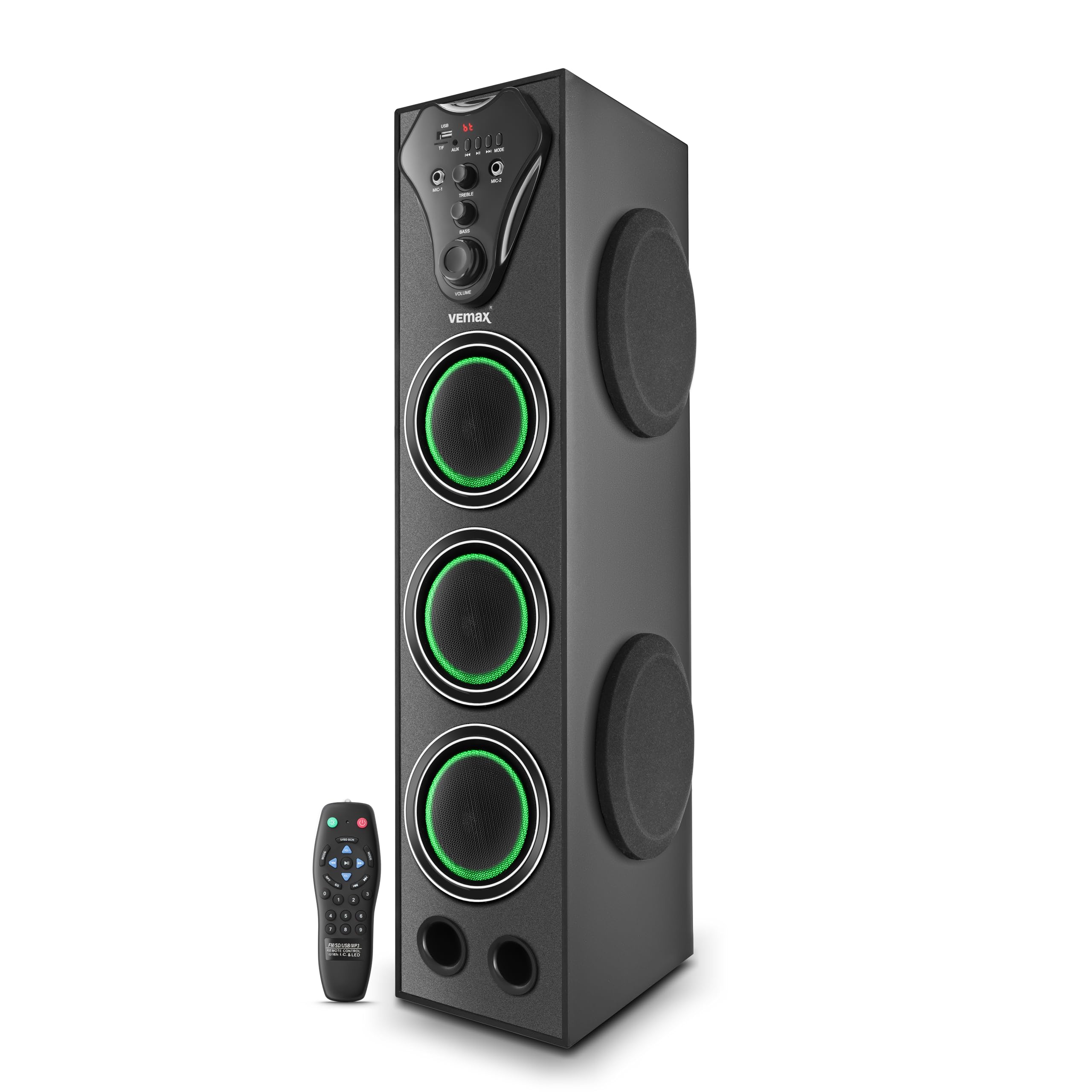 VEmax Hunk 150W Multimedia 5.0 Channel Wireless Bluetooth Double Woofer Tower Speaker with Double Karaoke MIC Support, USB, AUX, FM (BIS Certified)-picture-10